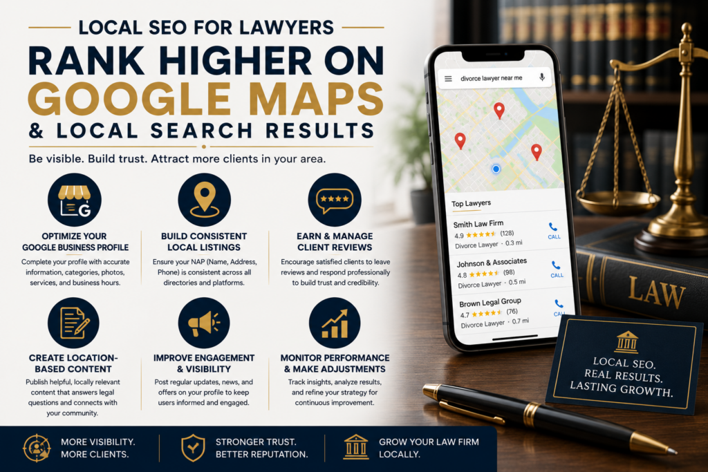 Professional legal marketing infographic explaining key local SEO tactics to improve Google Maps rankings for law firms.