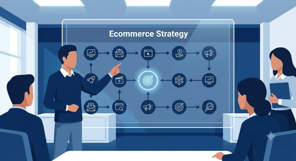 Digital marketing consultant analyzing an ecommerce strategy roadmap for business growth